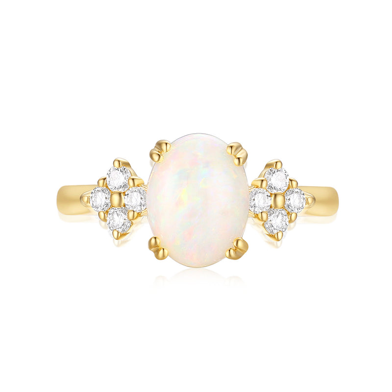 18ct Yellow Gold Oval Cut 9X7 mm 0.20 Carat tw Diamonds White Opal Ring