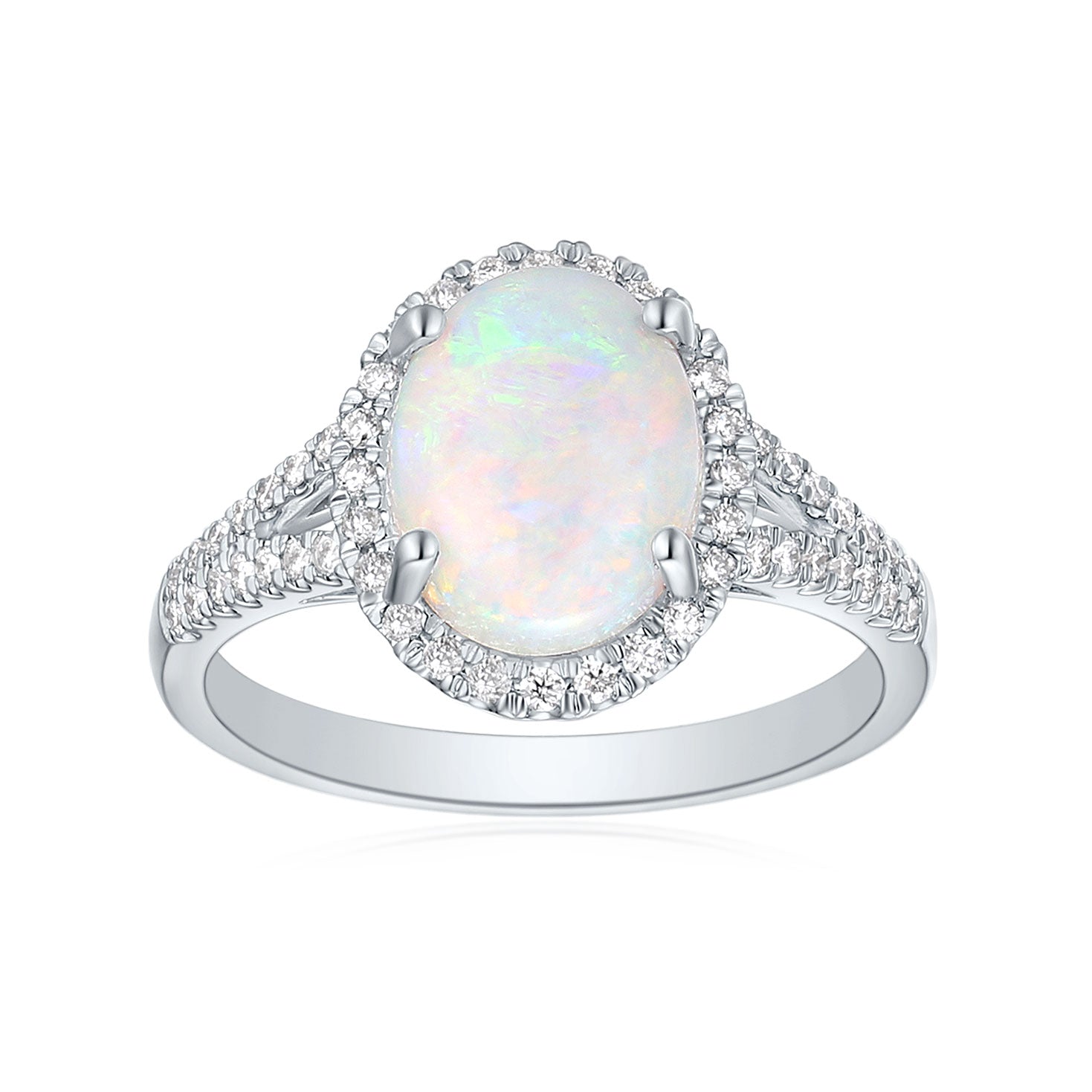 18ct White Gold Oval 9x7mm White Opal 0.25 Carat tw Ring