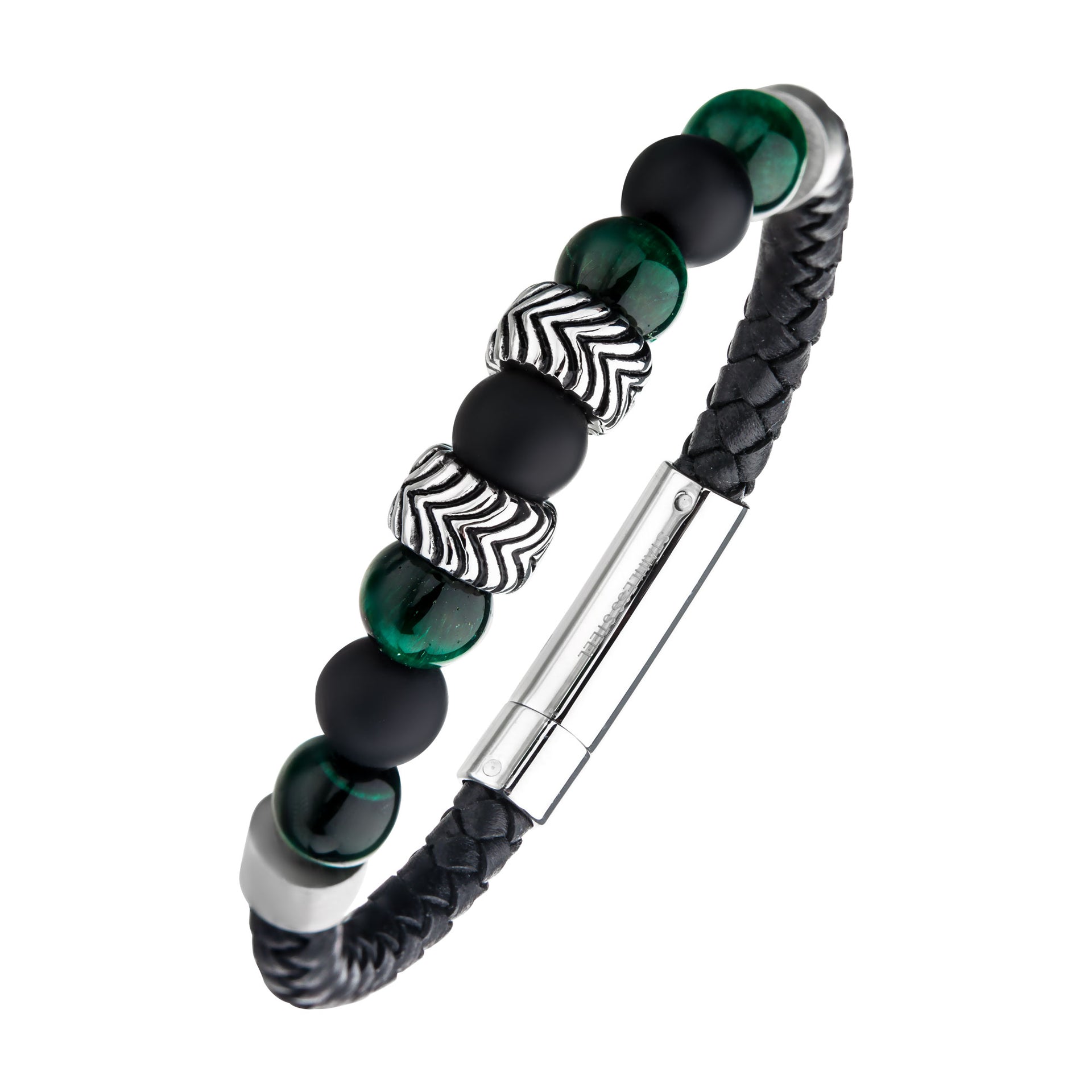 Stainless Steel 21cm Leather Malachite Bead Bracelet