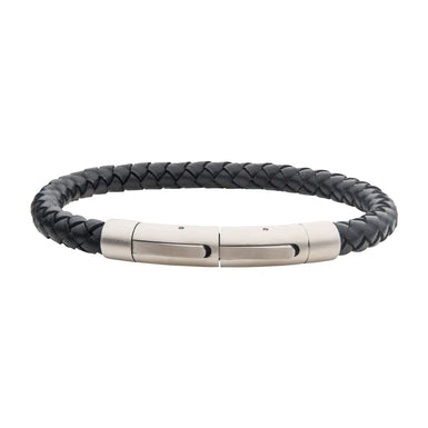 Stainless Steel 21cm Black Leather Bracelet