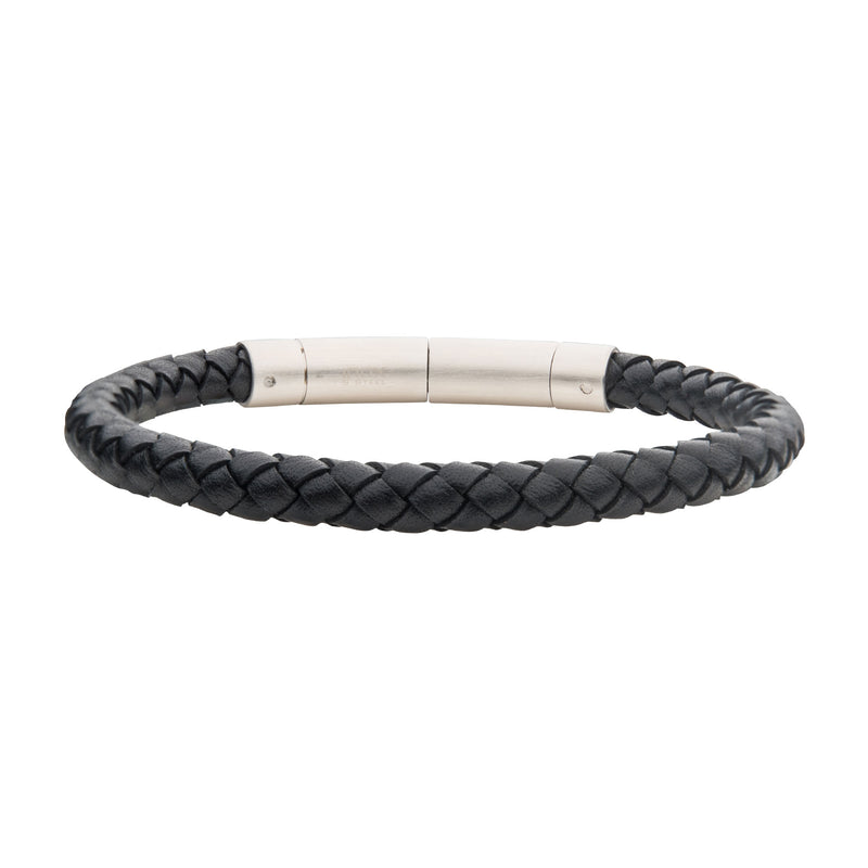 Stainless Steel 21cm Black Leather Bracelet