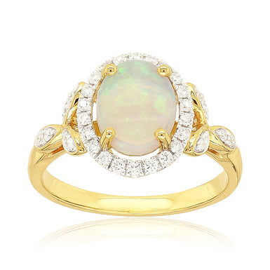 Heirloom 18ct Yellow Gold Oval Cut 9x7mm Opal 0.25 Carat tw Rhodium Plated Ring