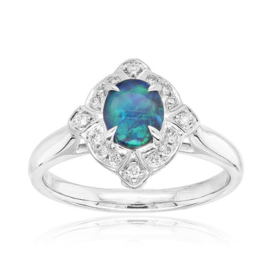 Heirloom 18ct White Gold Oval Cut 6x5mm Black Opal 0.10 Carat tw Ring