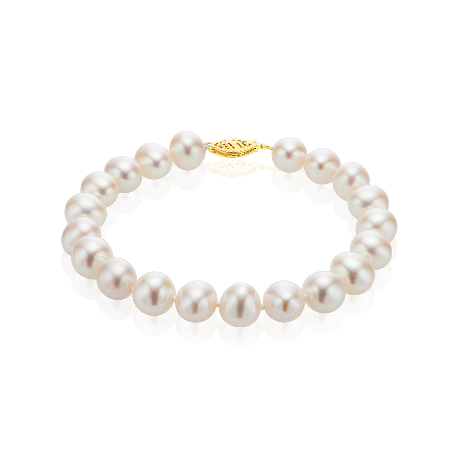 14ct Yellow Gold 9-10mm White Cultured Fresh Water Pearl Bracelet