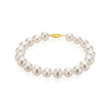 14ct Yellow Gold 9-10mm White Cultured Fresh Water Pearl Bracelet