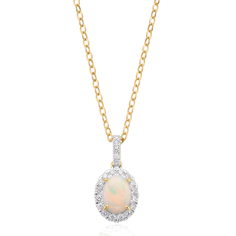 9ct Yellow Gold Oval Opal & Round Cut Diamond Pendant