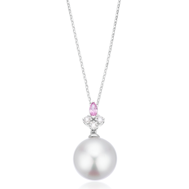Perla by Autore 18ct White Gold 10mm Button Pearl, Marquise Cut Pink Sapphire, & Round Cut 0.07 ctw Diamond Pendant