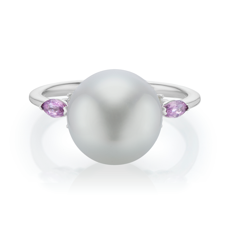 18ct White Gold 10mm Button Pearl, Marquise Cut Pink Sapphire, and Round Cut 0.09 ctw Diamond Ring