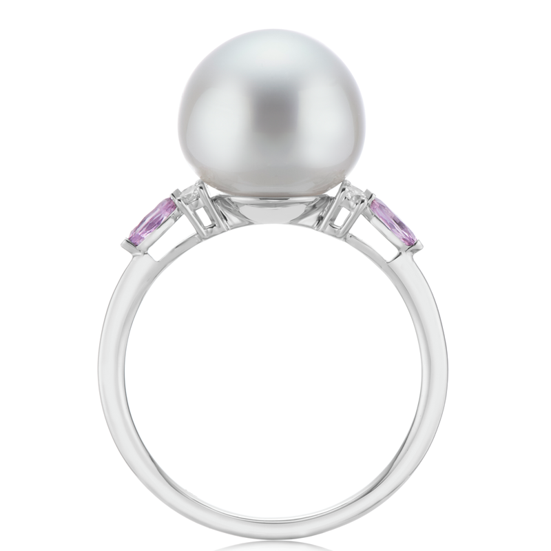 18ct White Gold 10mm Button Pearl, Marquise Cut Pink Sapphire, and Round Cut 0.09 ctw Diamond Ring