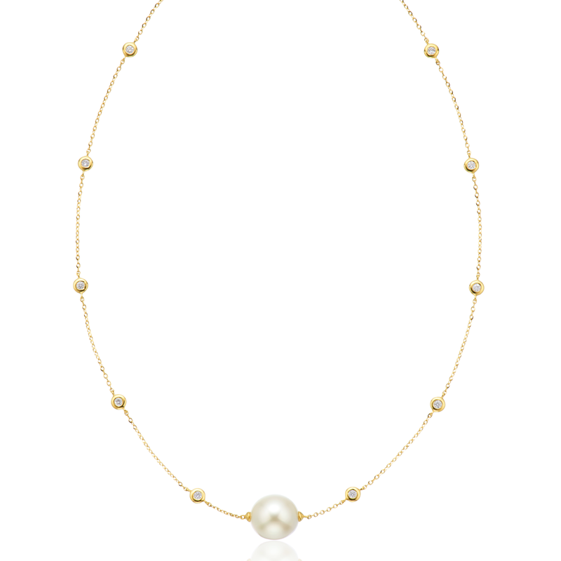 Perla by Autore 18ct Yellow Gold 9mm Pearl & Round Cut 0.10 ctw Diamond Necklace