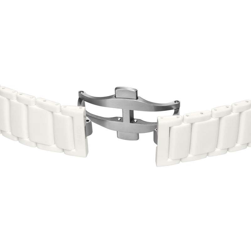 White high-tech ceramic bracelet and open brushed titanium triple folding clasp.
