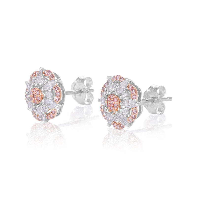 a side view of Rosyle 18ct White Gold Round & Marquise Cut 0.63ctw Argyle Authenticated Pink & White Diamonds Earrings