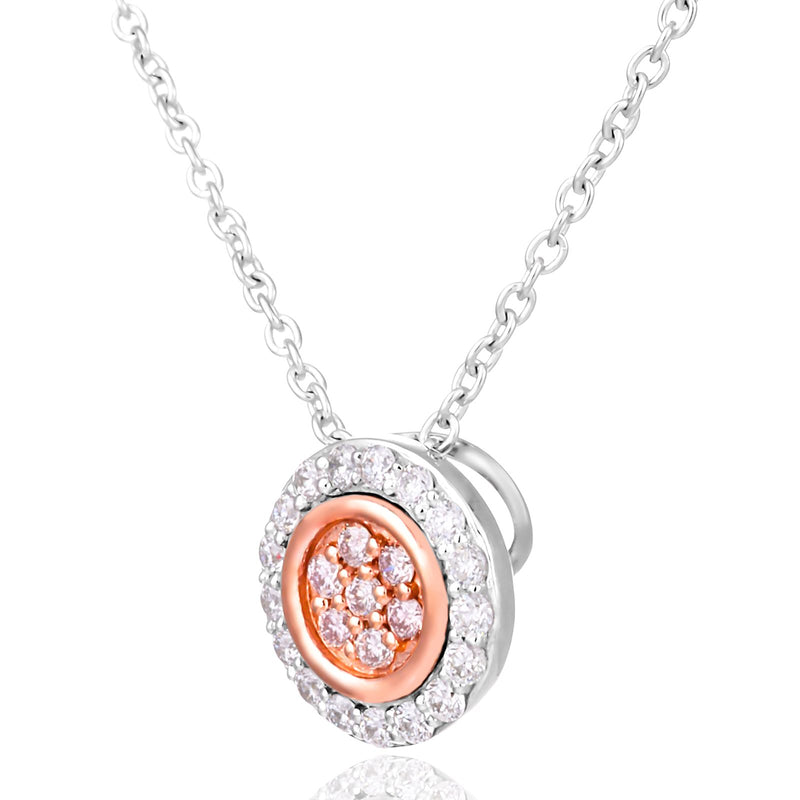 A side view of Rosyle 18ct White & Rose Gold Round Cut 0.14ctw Argyle Authenticated Pink & White Diamonds Pendant