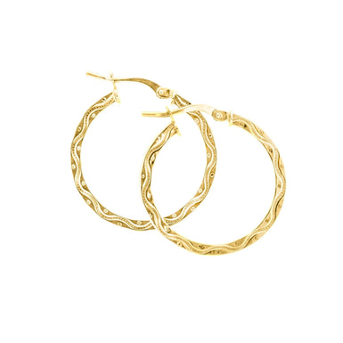 9ct Yellow Gold Round Cut 20x2mm Pattern Square Tube Hoop Earrings