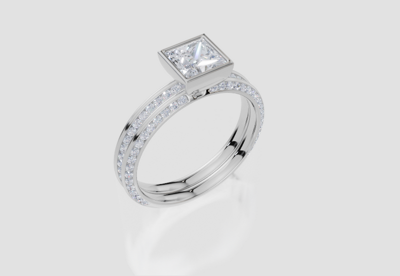 18ct White Gold Princess Cut 1.09 Carat tw of Lab-Grown Diamond Ring and 18ct White Gold 0.36 Carat tw of Lab-Grown Diamond Band