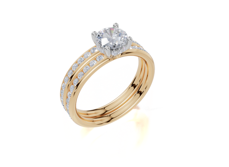 18ct Yellow Gold Round Cut 1.12 Carat tw of Diamond Ring and 18ct Yellow Gold 0.35 Carat tw of Diamond Band