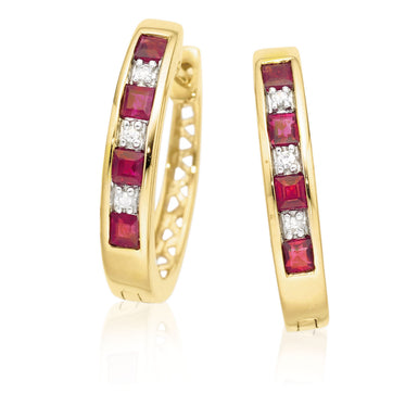 9ct Yellow Gold Square Cut Ruby Diamond Set Earrings