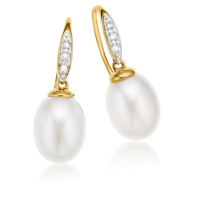 9ct Yellow Gold 8-8.5mm Cultured Fresh Water Pearl Diamond Set Earrings