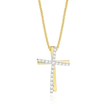 9ct Yellow& White Gold Round Brilliant Cut 0.10 ctw diamond Cross Pendant