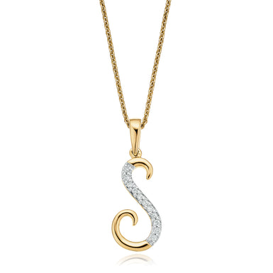 9ct Yellow Gold Round Brilliant Cut with 0.06 CARAT tw of Diamonds Initial S Pendant