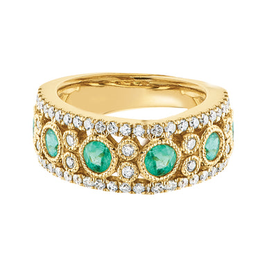 18ct Yellow Gold Round Brilliant Cut Emerald with 1/4 Carat tw of Diamonds Ring
