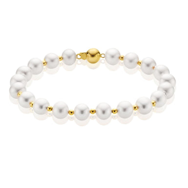 9ct Yellow Gold 7-7.5mm Cultured Freshwater pearl Goldballs 19.5cm Bracelet