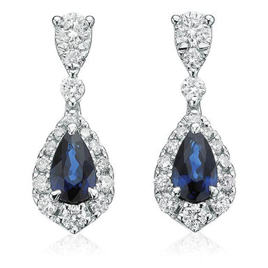 9ct White Gold Pear Cut Natural Sapphire & Round Cut 0.30 Carat tw of Diamonds Earrings