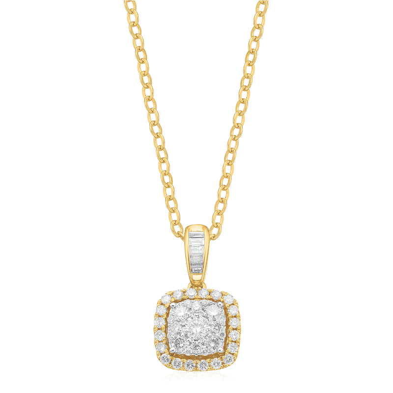 9ct Yellow Gold Baguette & Round Brilliant Cut Diamond Pendant
