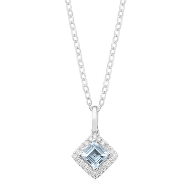 9ct White Gold Princess & Round Brilliant Cut 0.20 ctw Aquamarine & Diamond Pendant