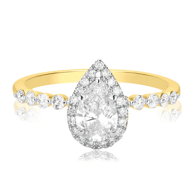 Halo Certified 18ct Yellow Gold Pear & Round Brilliant Cut 1.00 ctw Diamond Ring
