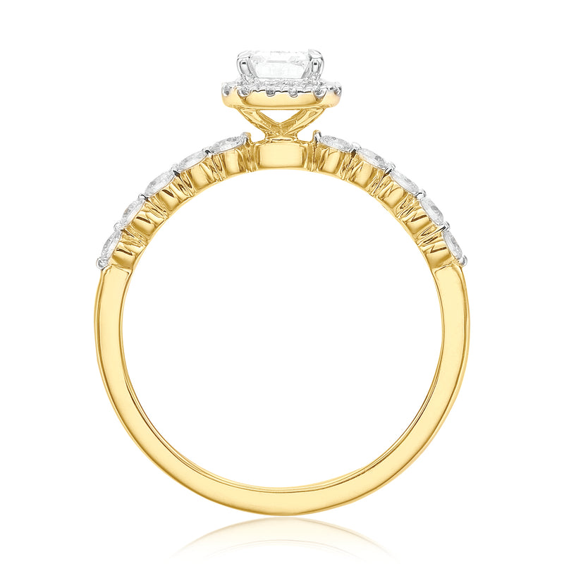 Halo Certified 18ct Yellow Gold Emerald & Round Brilliant Cut 1.00 ctw Diamond Ring