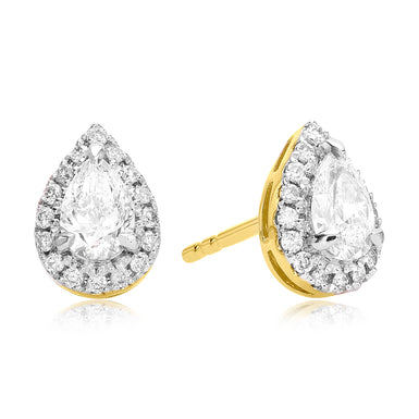 Halo Certified 18ct Yellow Gold Pear & Round Brilliant Cut 0.75 ctw Diamond Earrings