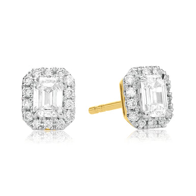 Halo Certified 18ct Yellow Gold Emerald & Round Brilliant Cut 0.75 ctw Diamond Earrings