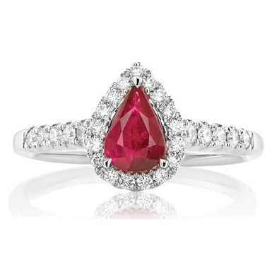 18ct White Gold Pear Cut Ruby & Round Brilliant Cut 1/4 Carat tw of Diamonds Ring