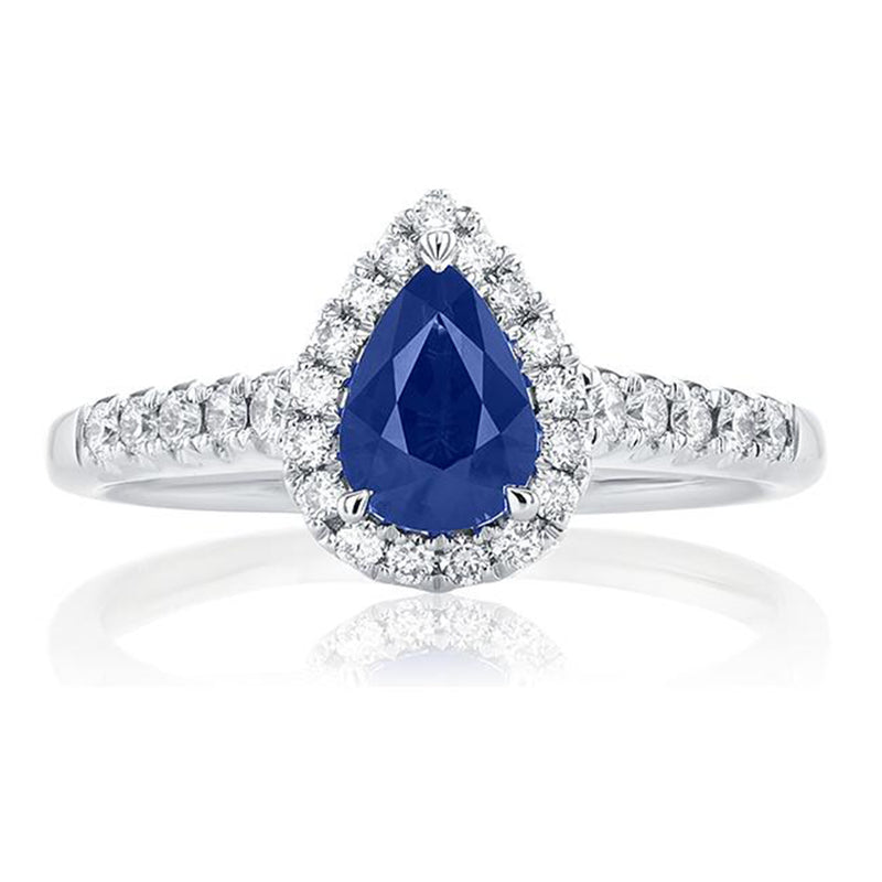 18ct White Gold Pear & Round Brilliant Cut 1/4 Carat tw of Diamonds Natural Sapphire Ring