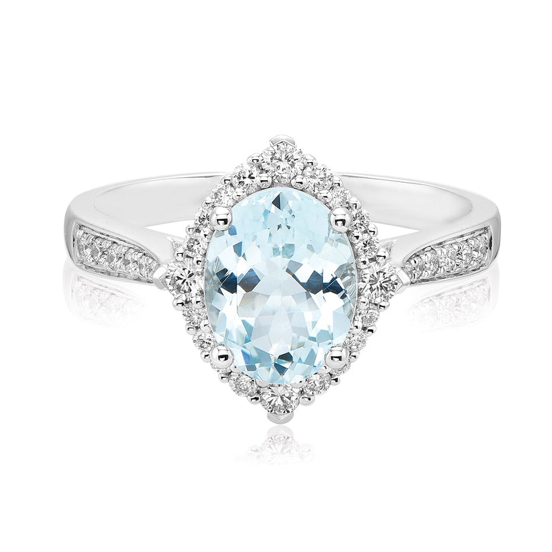 18ct White Gold Oval Cut Aquamarine with 0.34 CARAT tw of Diamonds Ring