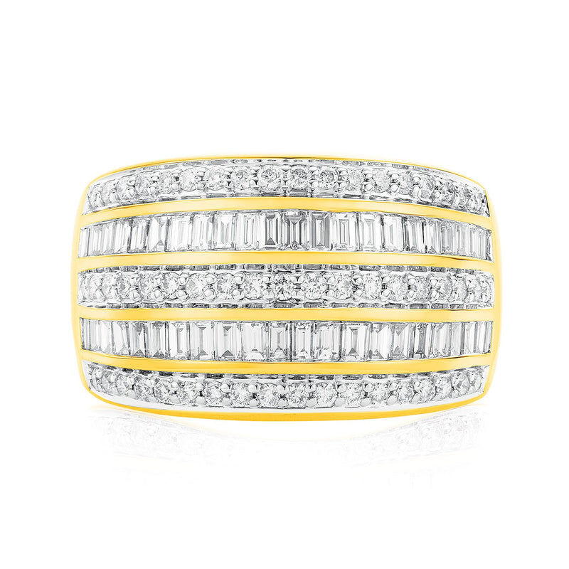 9ct Yellow Gold Round Brillant & Baguette Cut 1 CARAT tw of Diamonds Ring