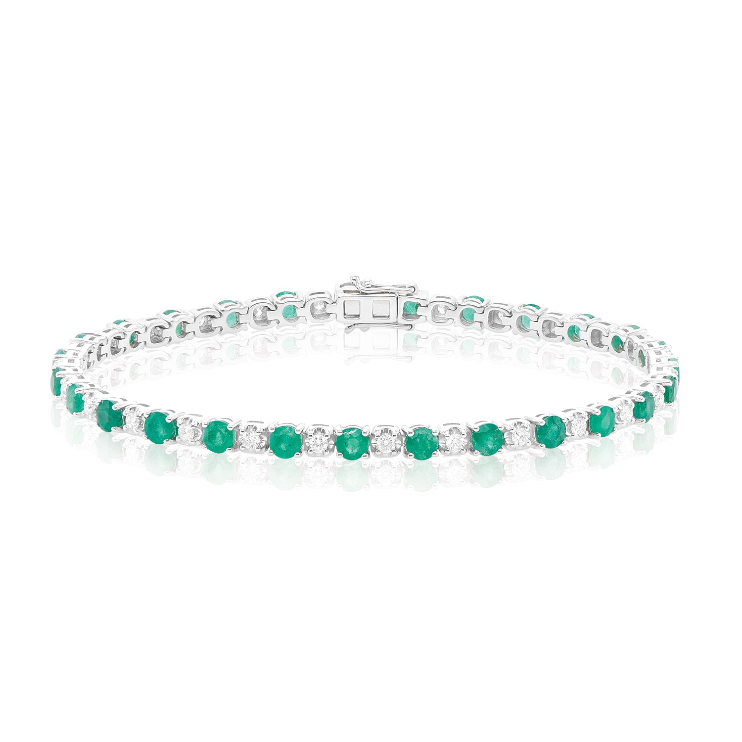 9ct White Gold Round Brilliant Cut 0.80 Carat tw of Diamonds and Emerald Tennis Bracelet