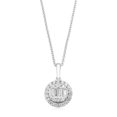 9ct White Gold Round Brillant & Baguette Cut 1/4 CARAT tw of Diamonds Pendant