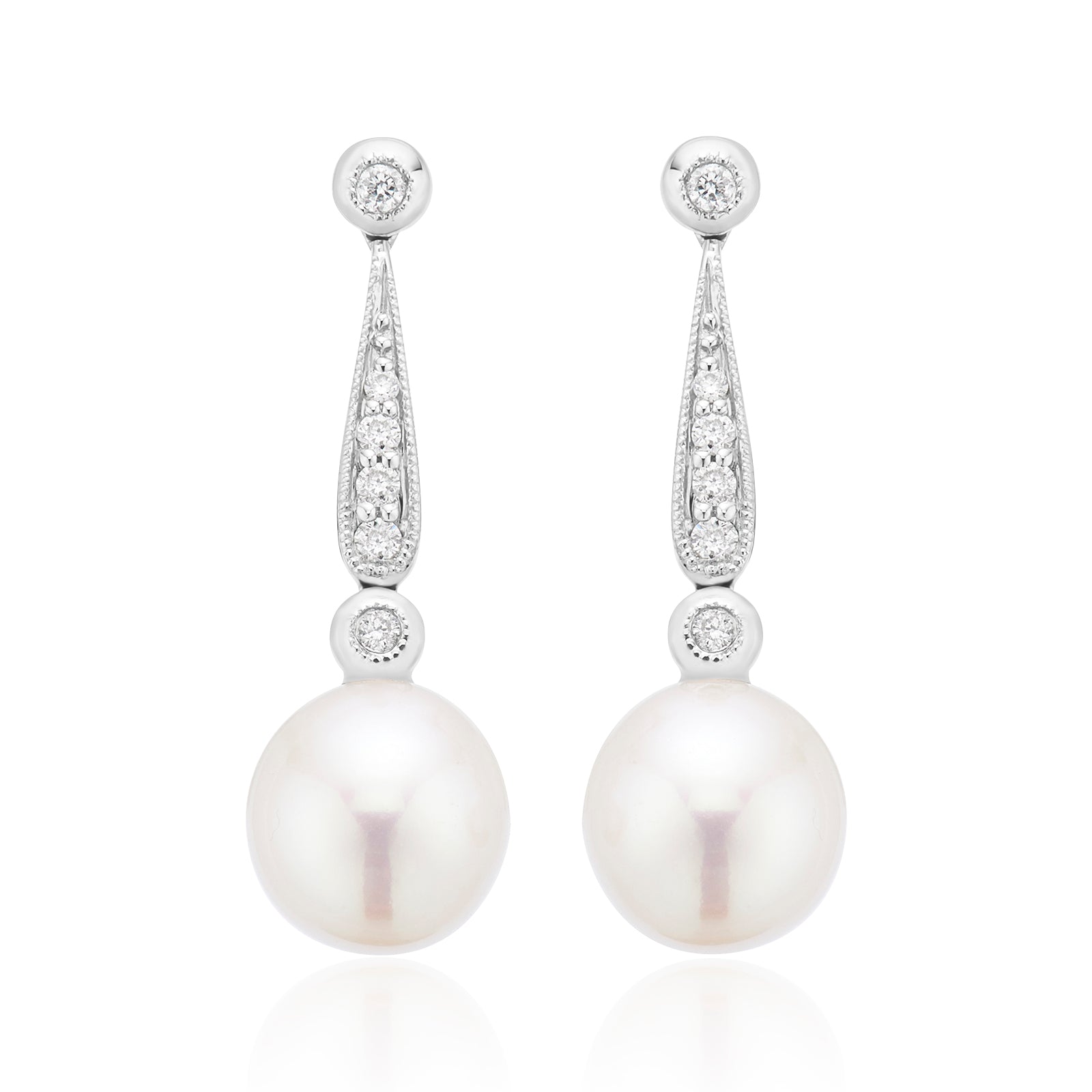 9ct White Gold Fresh Water Pearl 0.10 Carat tw of Diamonds Drop Earrings