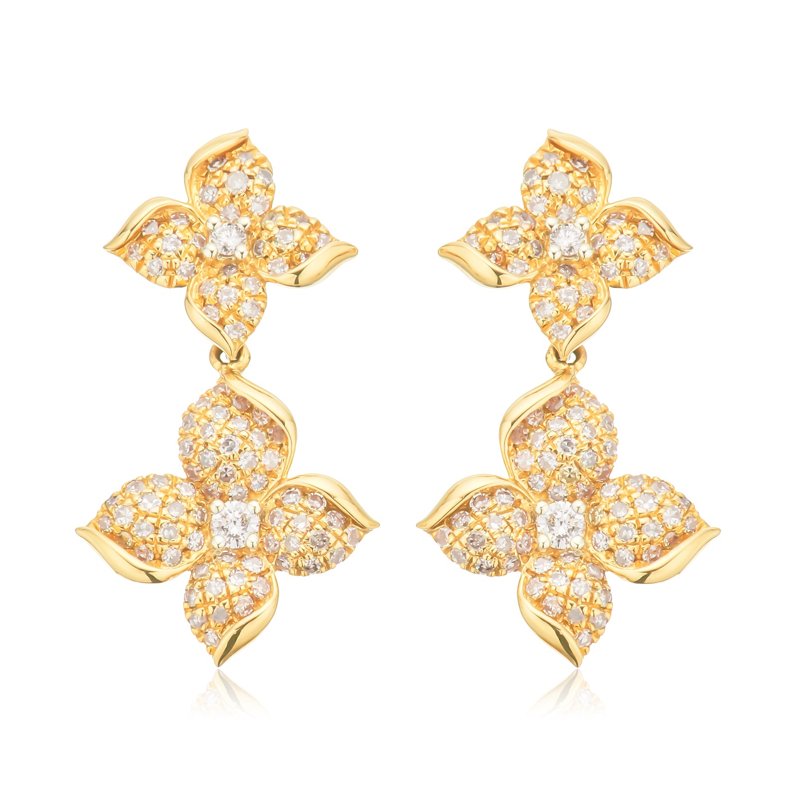14ct Yellow Gold Round Cut 0.75ctw Double Flower Diamond Drop Earrings