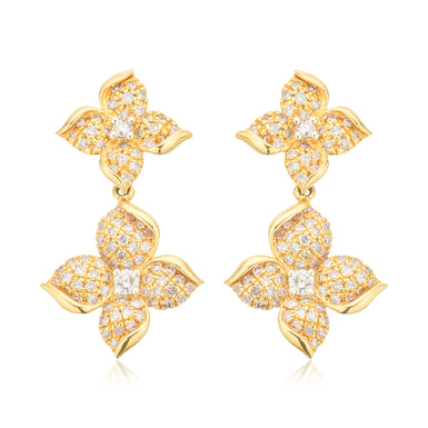 14ct Yellow Gold Round Cut 0.75ctw Double Flower Diamond Drop Earrings