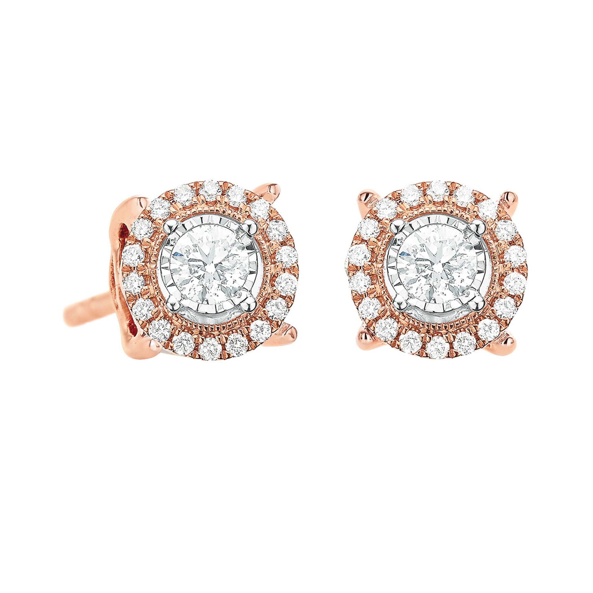14ct Rose & White Gold Round Cut 0.75 Carat tw of Diamond Stud Earrings