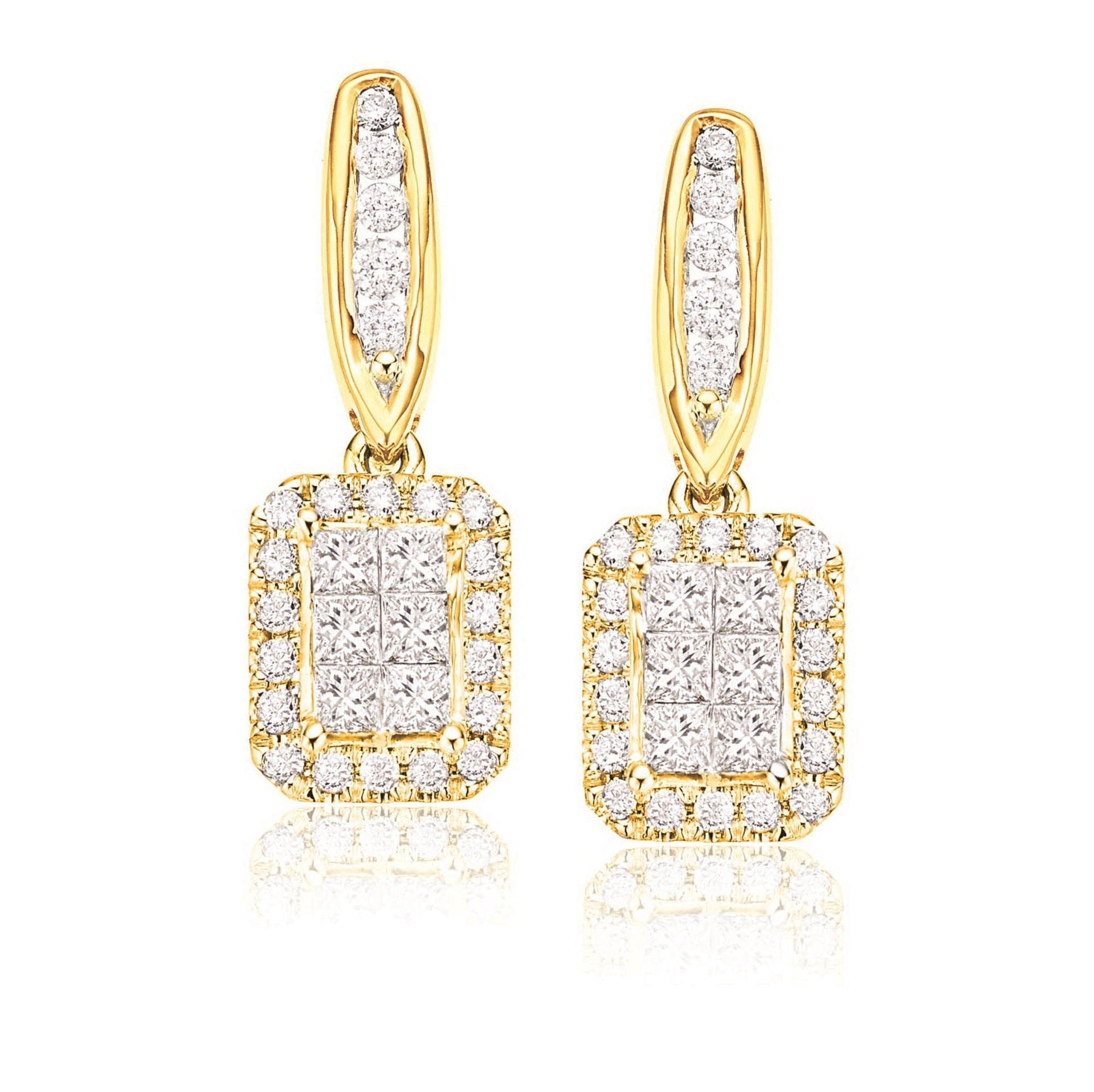 14ct Yellow Gold Round & Princess Cut 1.00 Carat tw of Diamonds Drop Earrings