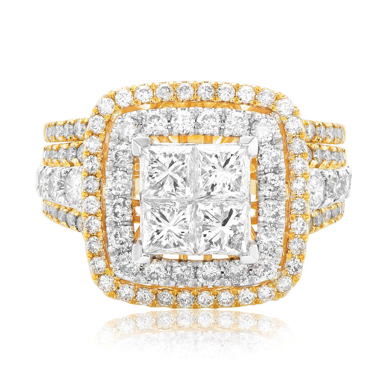 14ct Yellow Gold Princess & Round Cut 3.00 Carat tw of Diamonds Ring