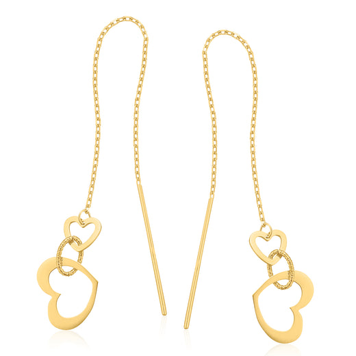 9ct Yellow Gold Thread Double Heart Drop Earrings
