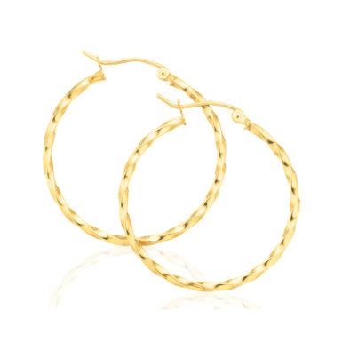 9ct Yellow Gold Round 2x30mm Pattern Hoop Earrings