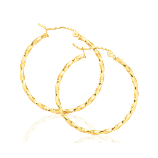 9ct Yellow Gold Round 2x30mm Pattern Hoop Earrings