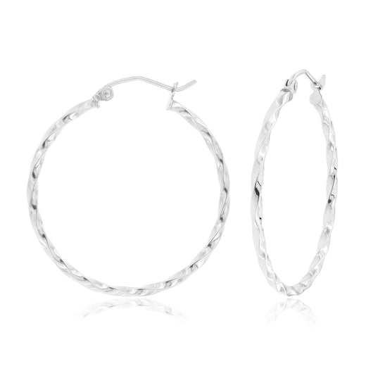 9ct White Gold Round 2x30mm Pattern Hoop Earrings