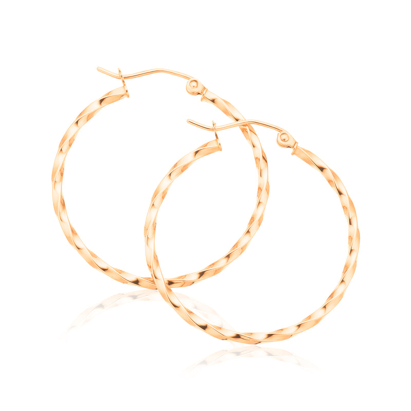 9ct Rose Gold Round 2x30mm Pattern Hoop Earrings
